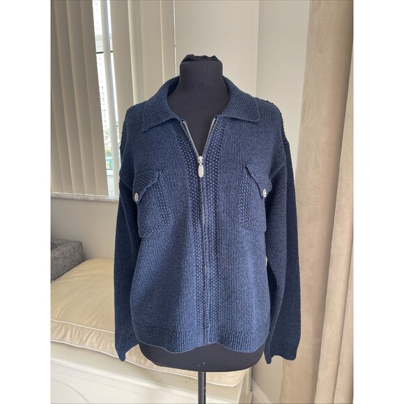 Liz Claiborne XL Silk & Angora Sweater Cardigan Full Zip Front Pockets Blue - Picture 1 of 9